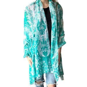 Turquoise white women's lightweight pattern scarf shawl wrap with fringe